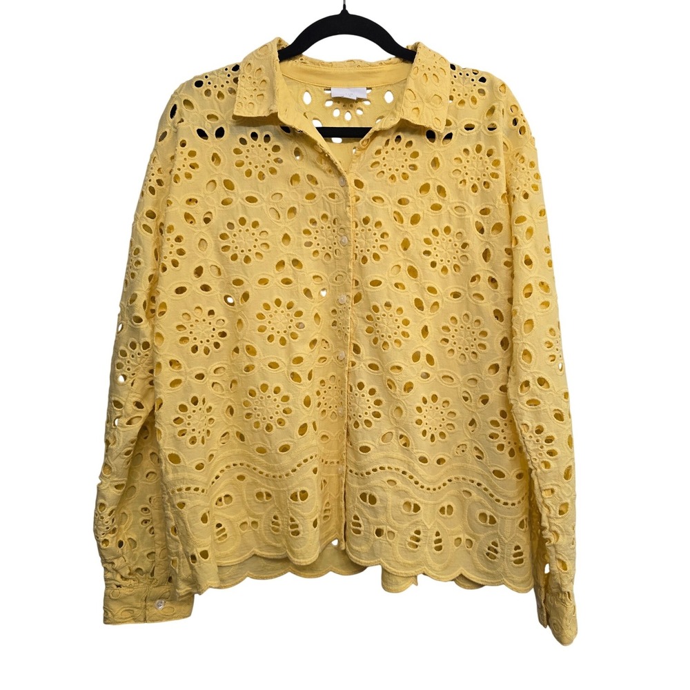 J Jill M Yellow Eyelet Embroidered Cotton Button Shirt Cottagecore Coastal Boho